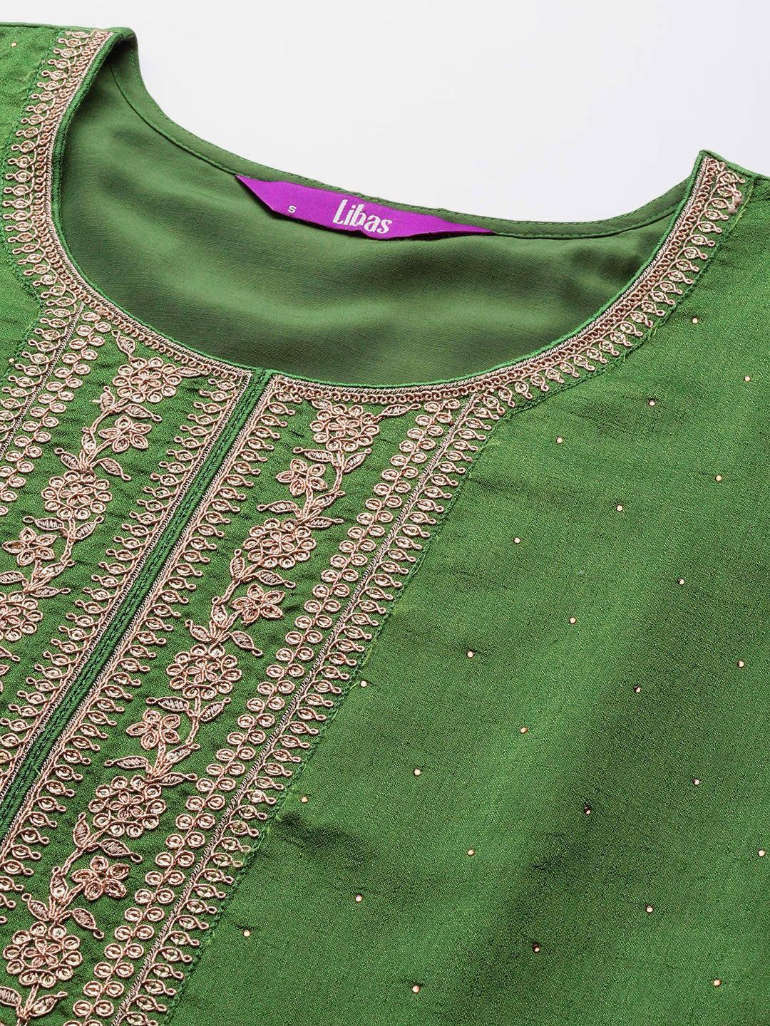 Green Embroidered Silk Blend Straight Suit Set - ShopLibas