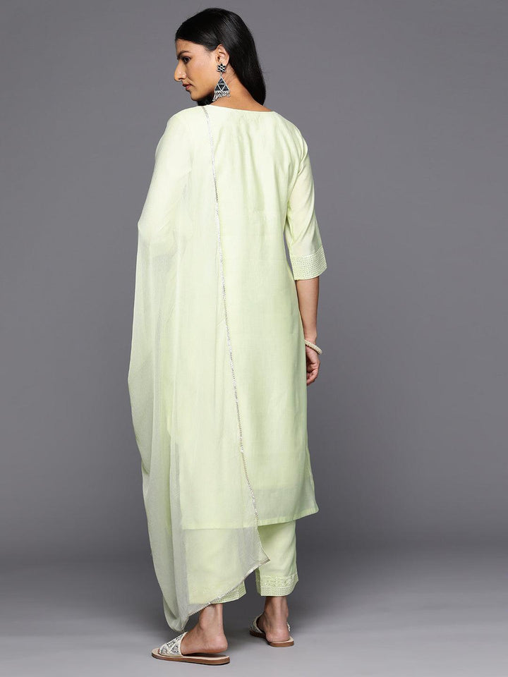 Green Embroidered Silk Blend Straight Kurta With Trousers & Dupatta