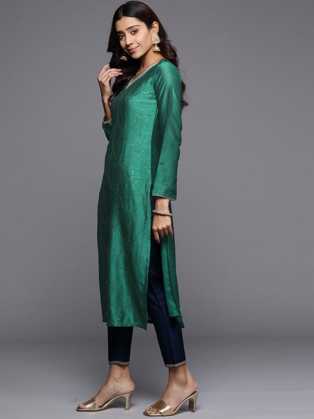 Green Embroidered Silk Straight Kurta - ShopLibas