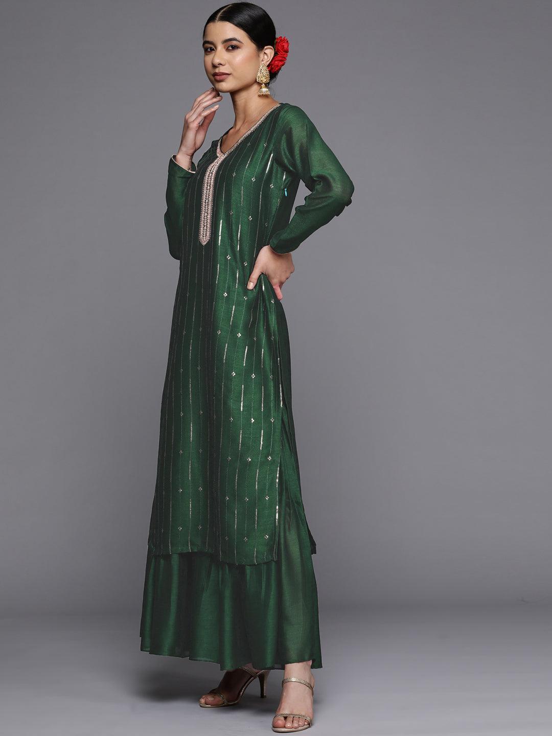 Green Embroidered Silk Straight Kurta - ShopLibas