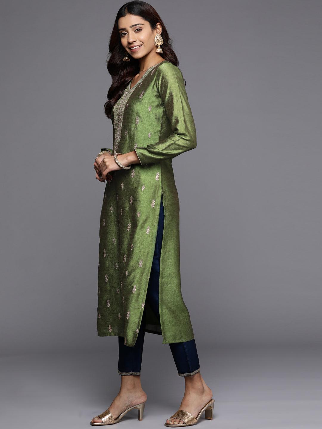 Green Embroidered Silk Straight Kurta - ShopLibas