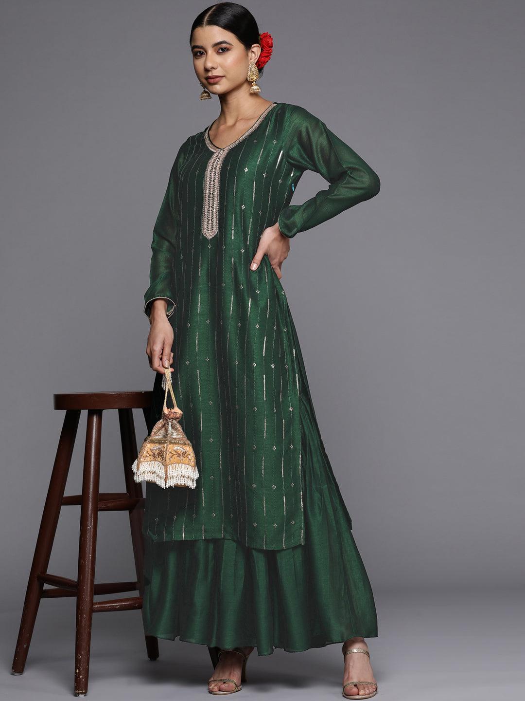 Green Embroidered Silk Straight Kurta - ShopLibas