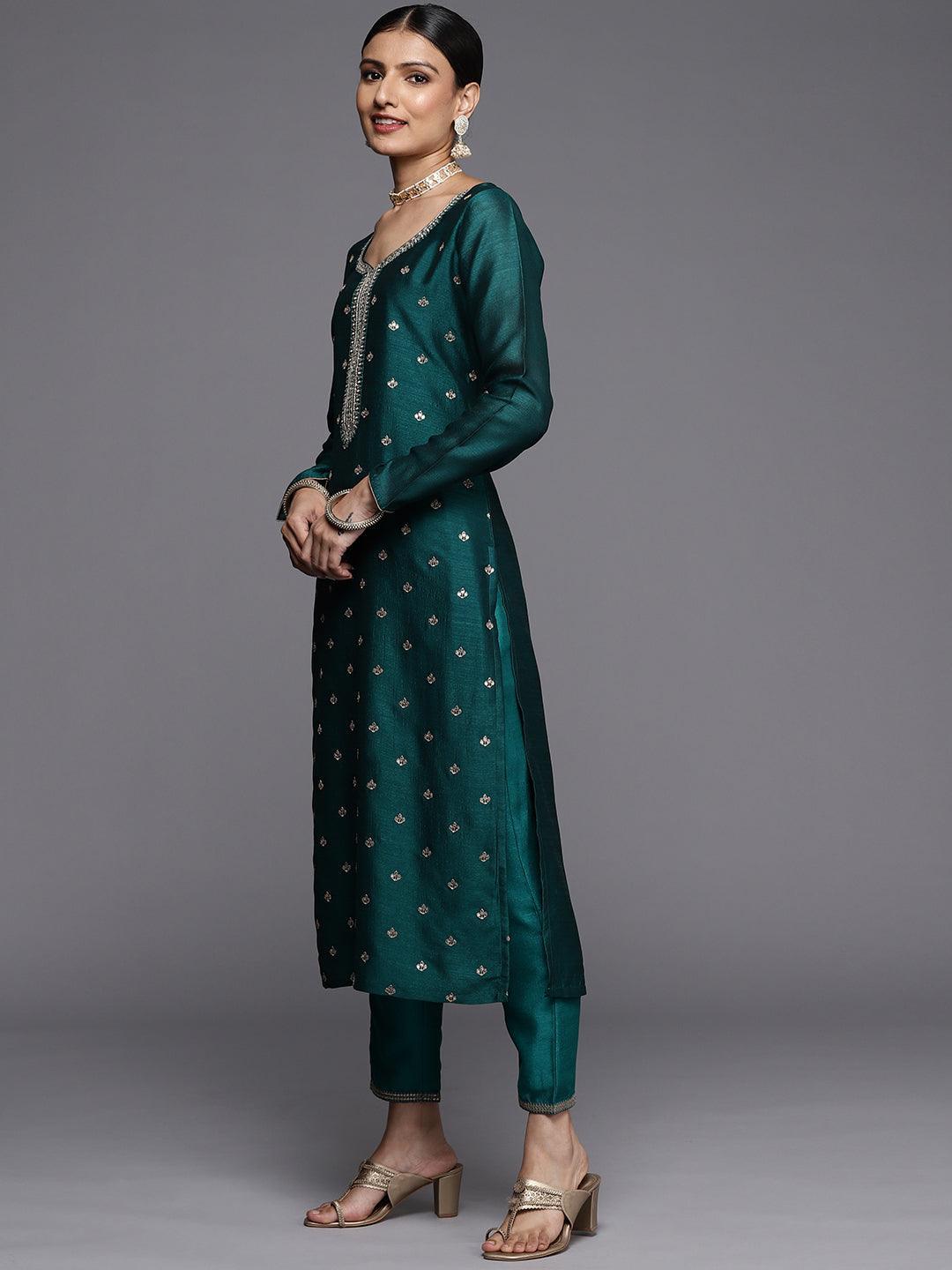 Green Embroidered Silk Straight Kurta - ShopLibas