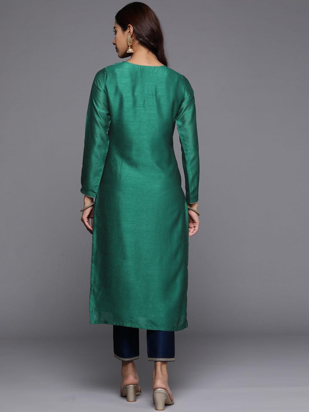 Green Embroidered Silk Straight Kurta - ShopLibas