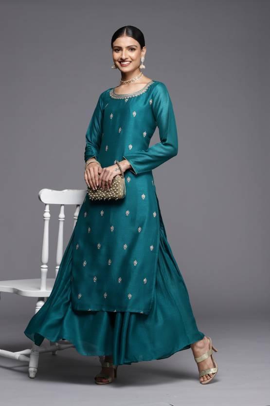 Green Embroidered Silk Straight Kurta - ShopLibas