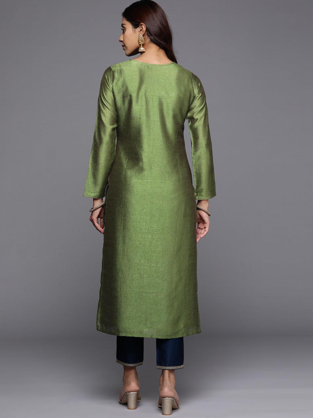 Green Embroidered Silk Straight Kurta - ShopLibas