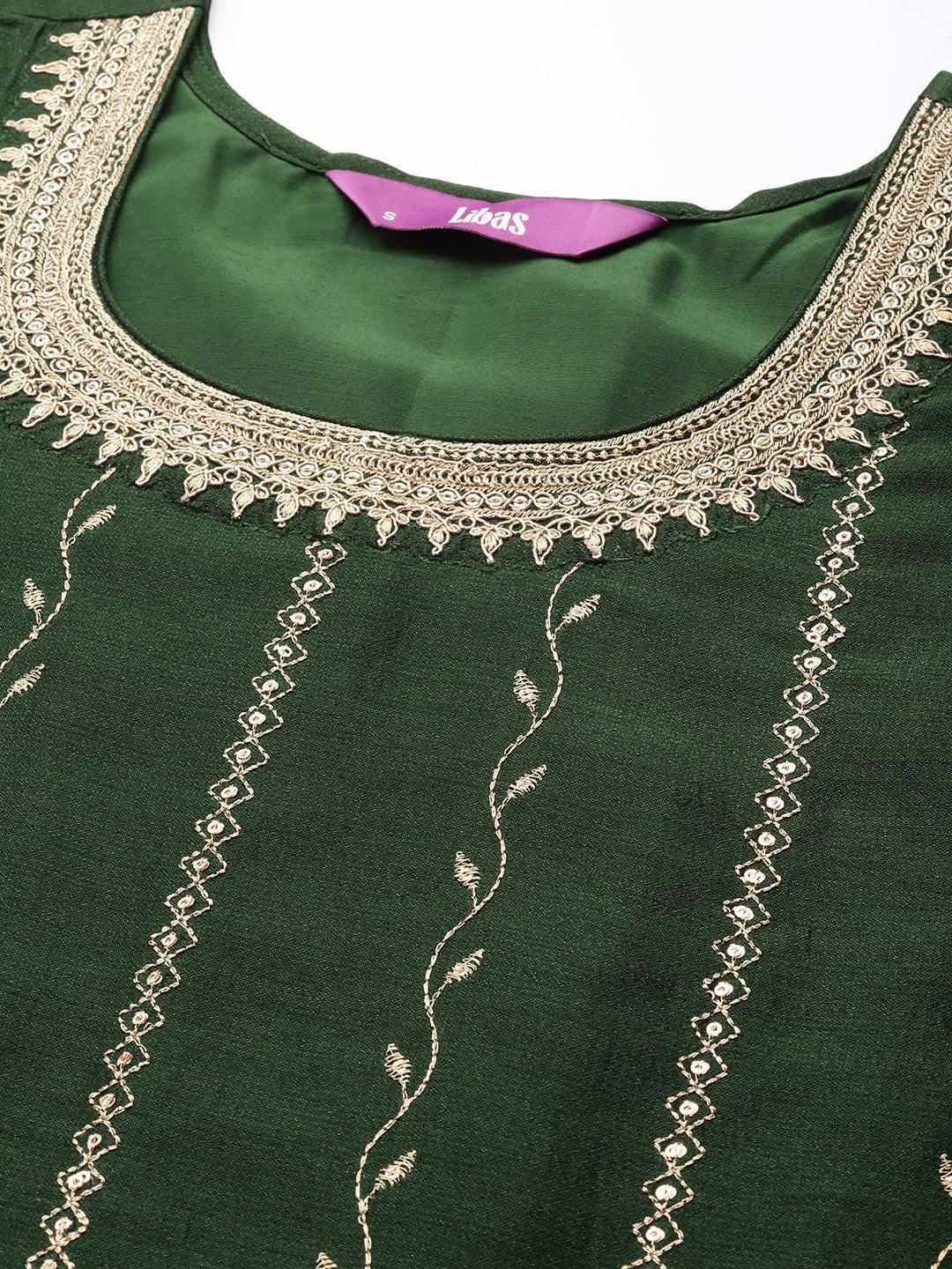 Green Embroidered Silk Straight Kurta - ShopLibas
