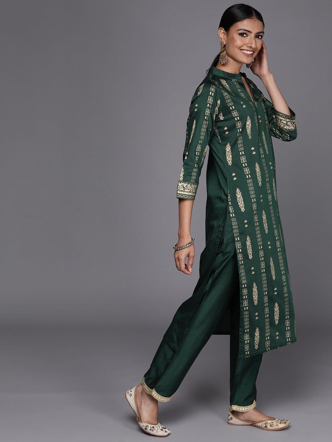 Green Printed Chanderi Silk Straight Suit Set - ShopLibas