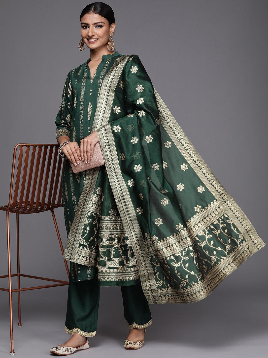 Green Printed Chanderi Silk Straight Suit Set - ShopLibas
