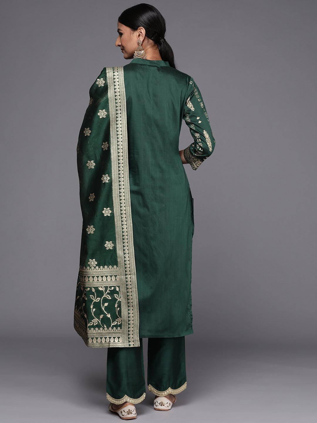 Green Printed Chanderi Silk Straight Suit Set - ShopLibas