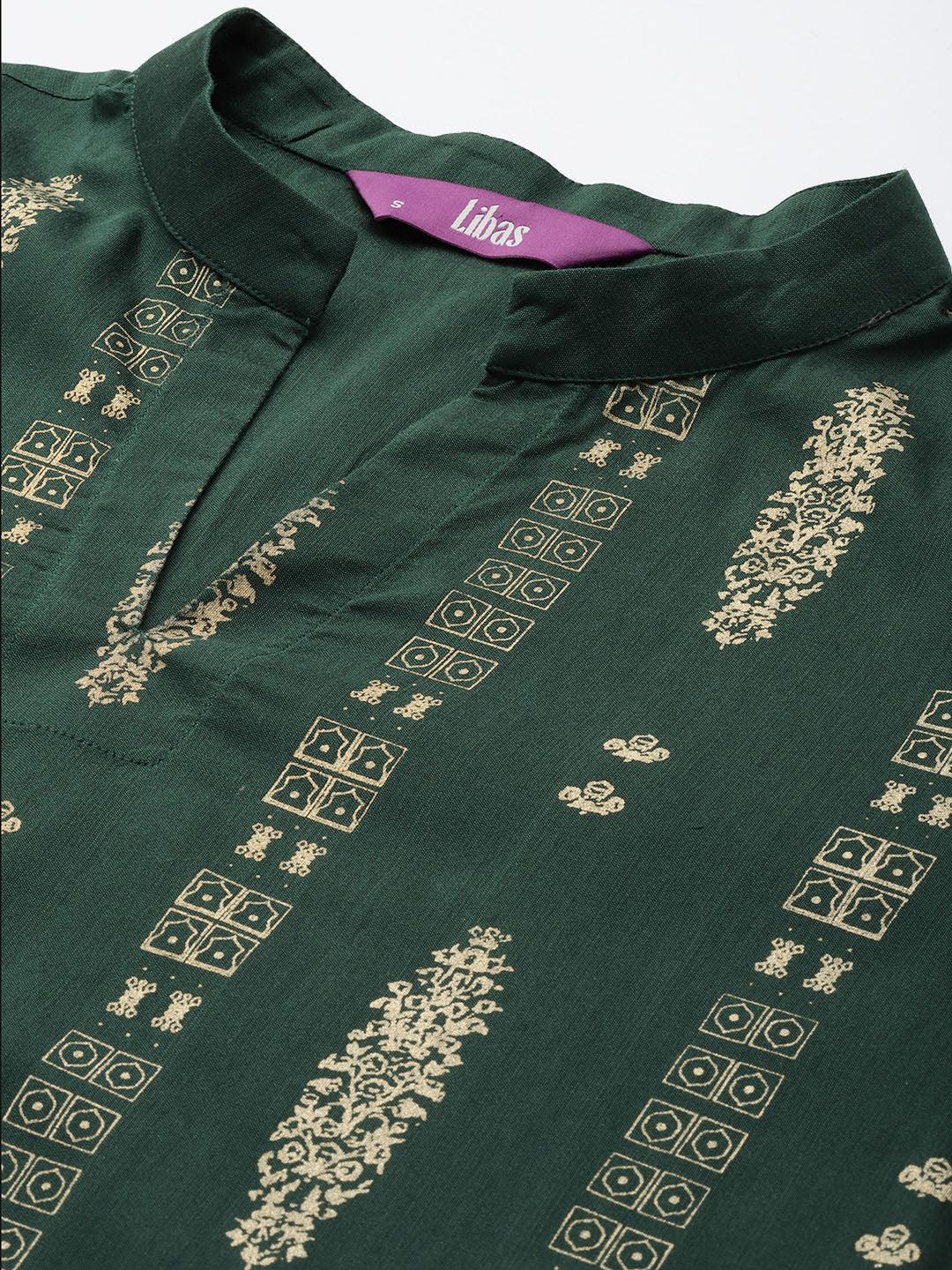 Green Printed Chanderi Silk Straight Suit Set - ShopLibas