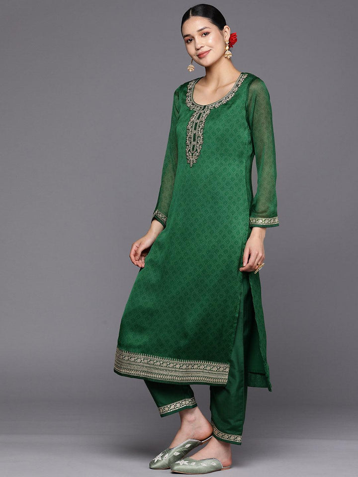 Green Printed Chiffon Straight Suit Set With Trousers