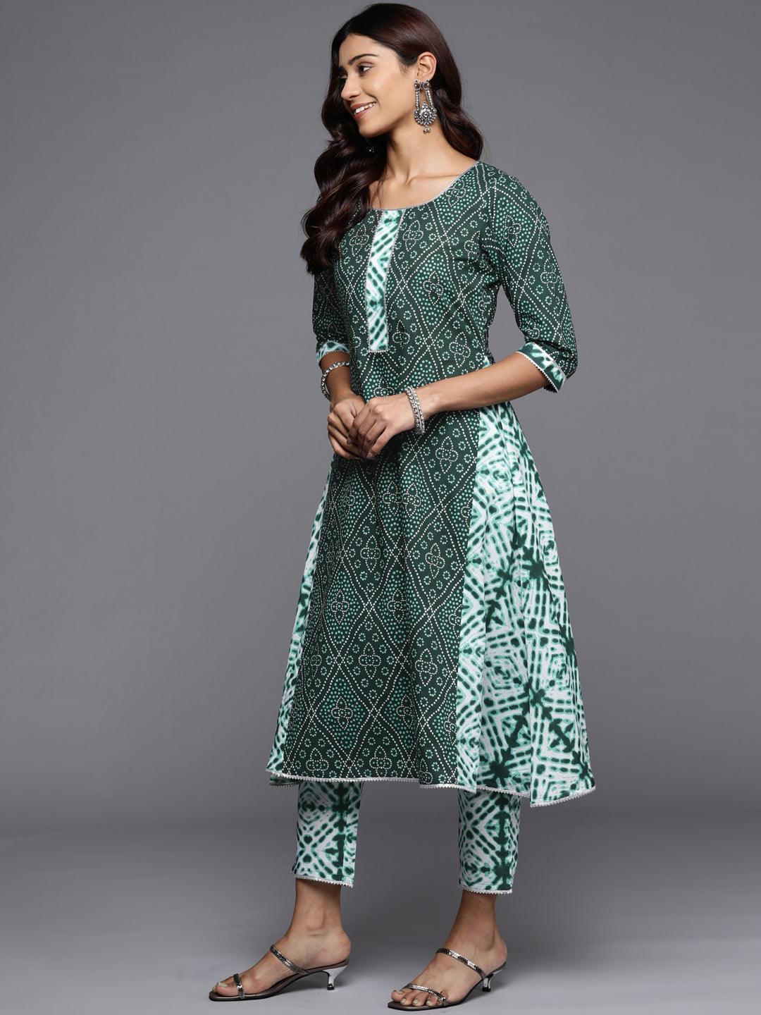 Green Printed Cotton A-Line Kurta - ShopLibas