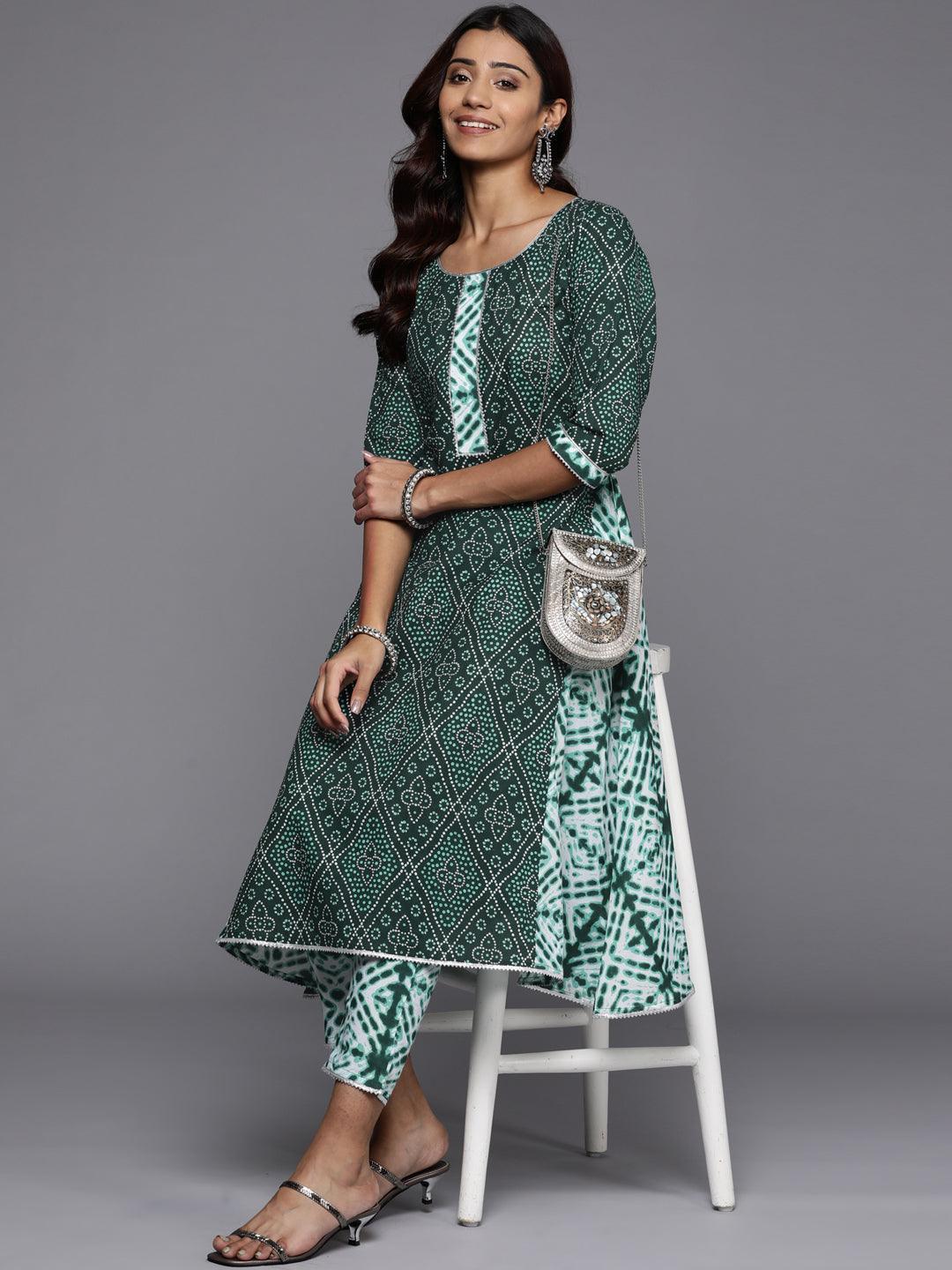 Green Printed Cotton A-Line Kurta - ShopLibas