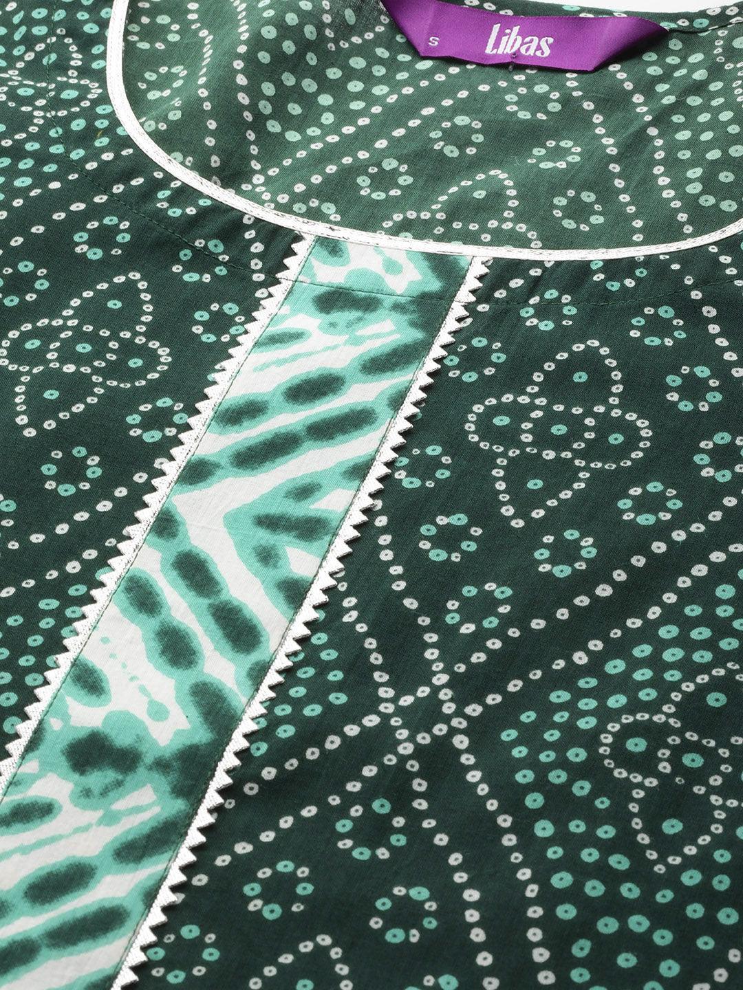 Green Printed Cotton A-Line Kurta - ShopLibas