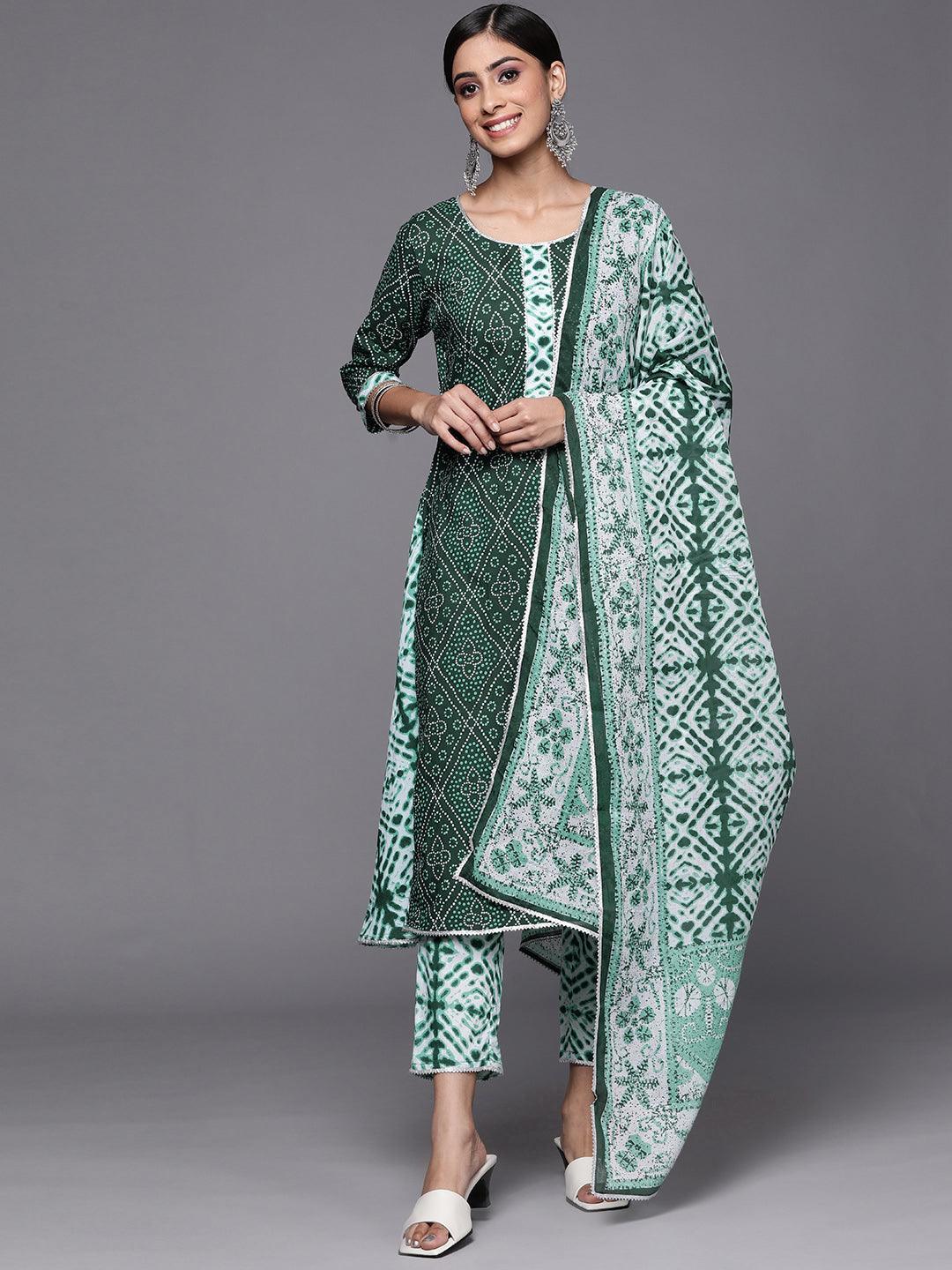 Green Printed Cotton A-Line Suit Set - ShopLibas