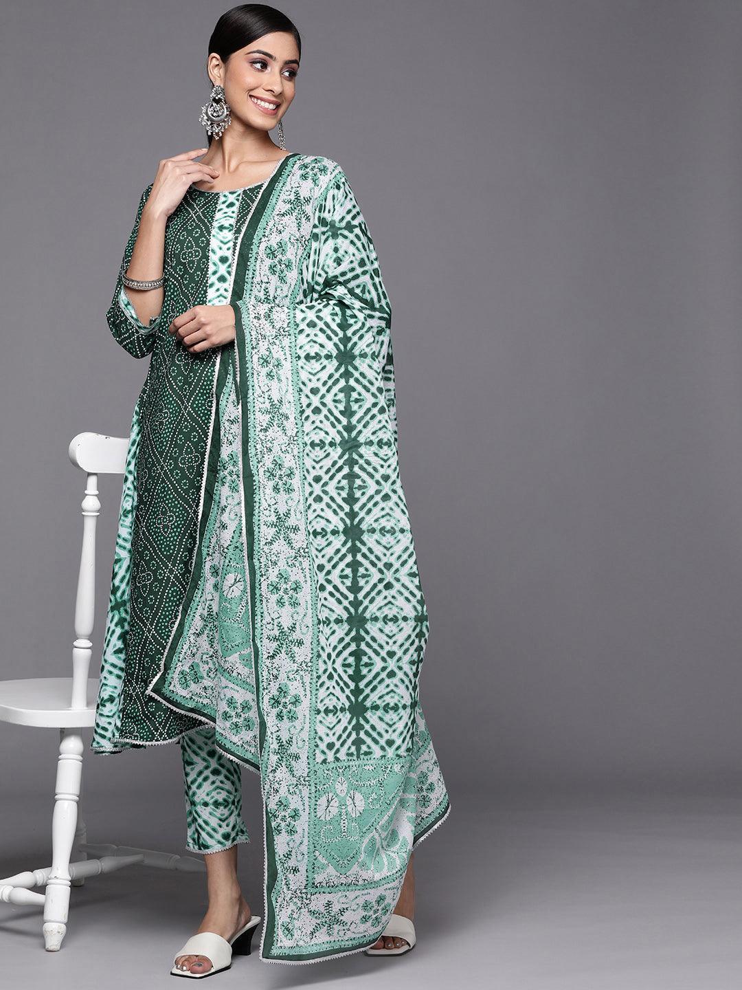 Green Printed Cotton A-Line Suit Set - ShopLibas