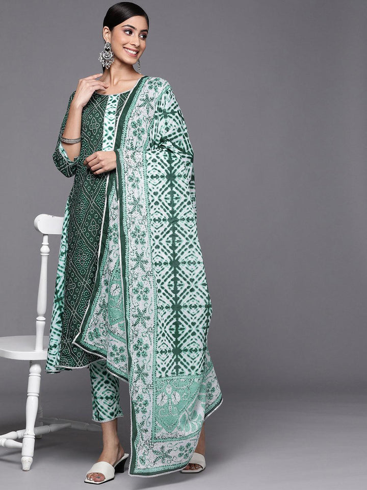 Green Printed Cotton A-Line Suit Set