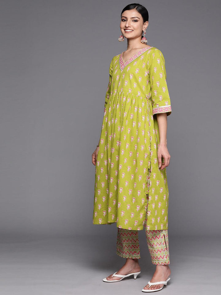 Green Printed Cotton A-Line Suit Set With Trousers