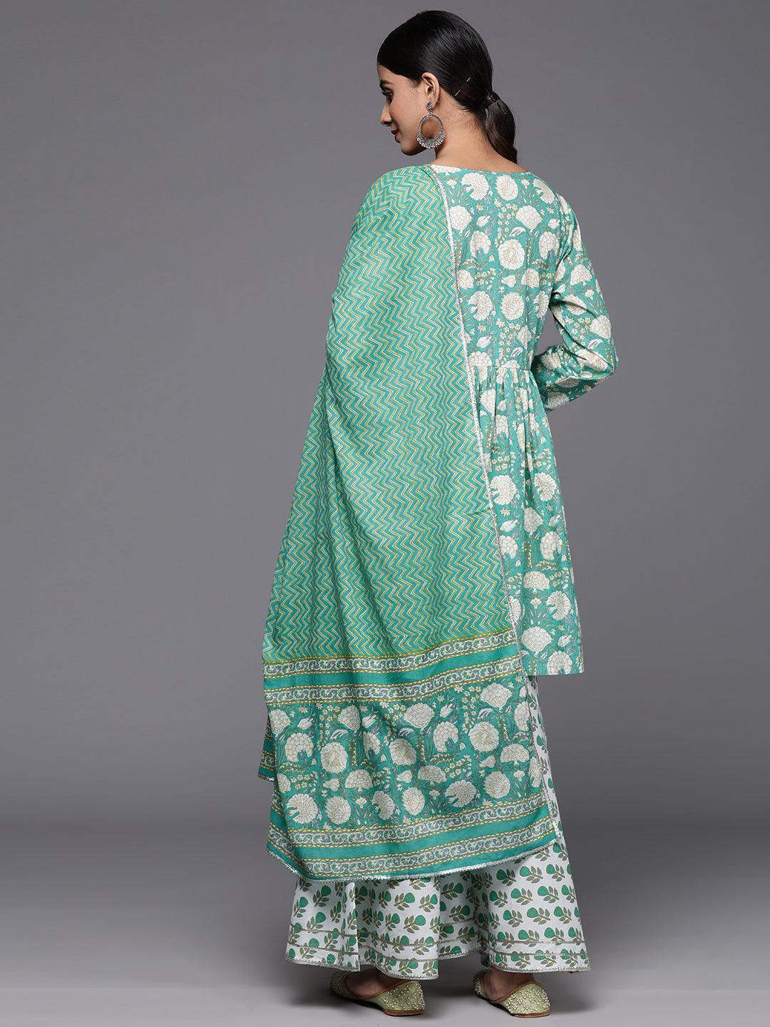 Green Printed Cotton A-Line Kurti With Sharara & Dupatta - Libas