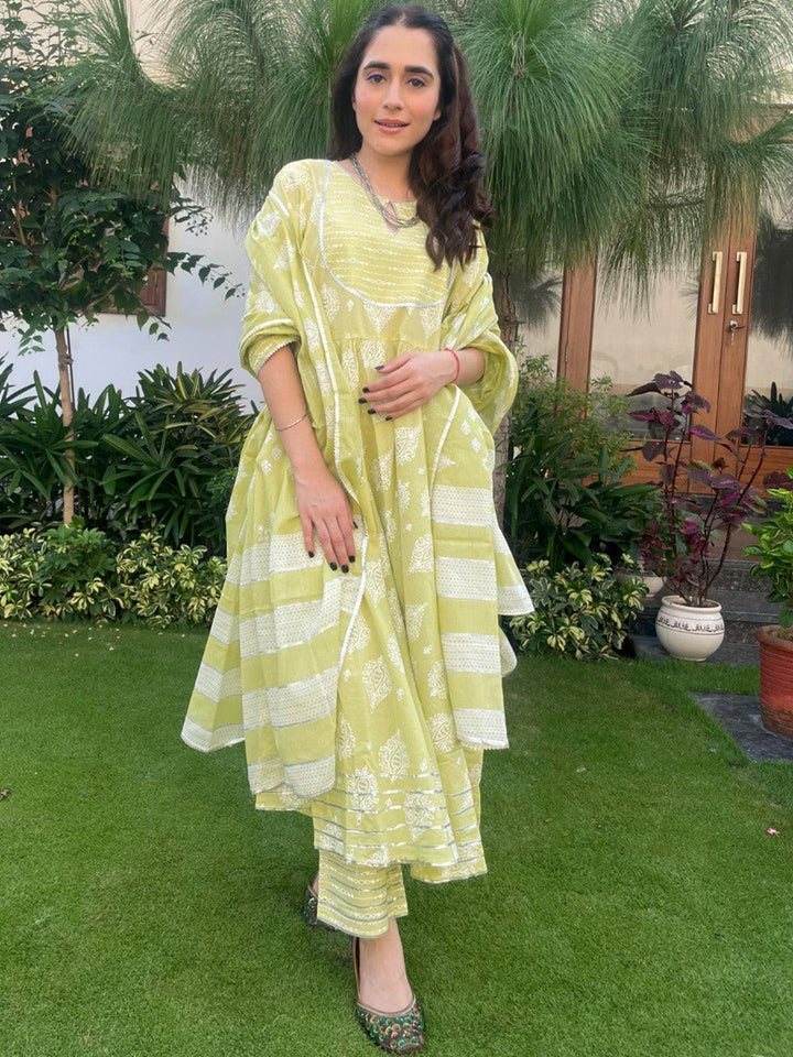 Green Printed Cotton Anarkali Kurta With Dupatta