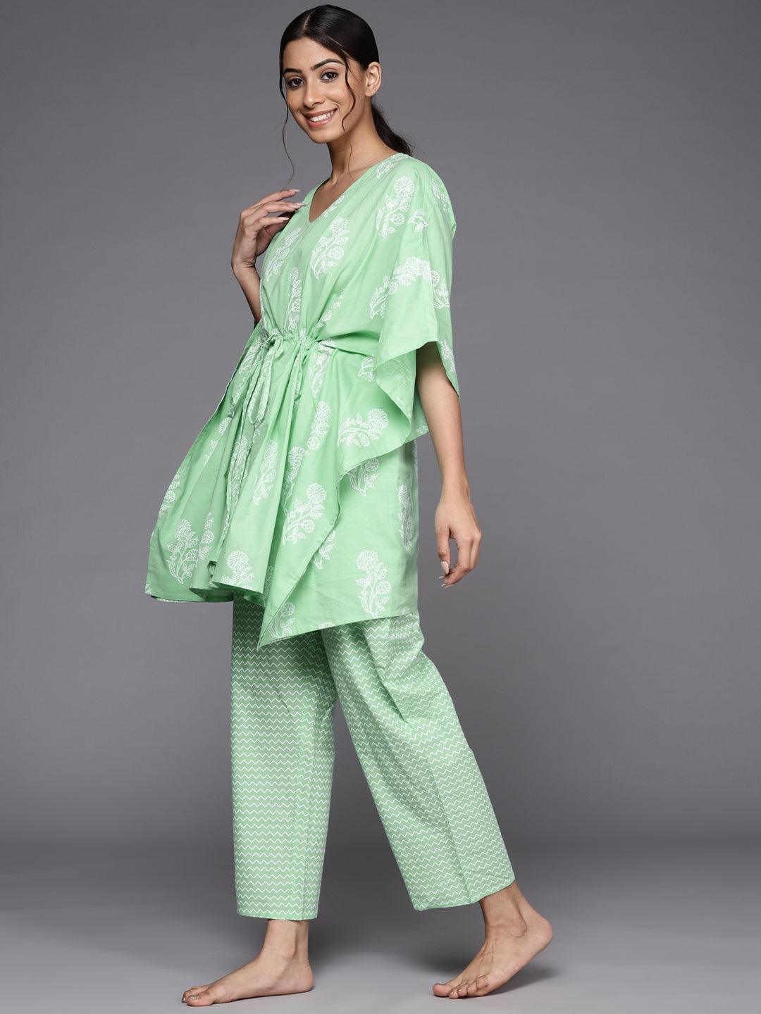 Green Printed Cotton Night Suit - ShopLibas