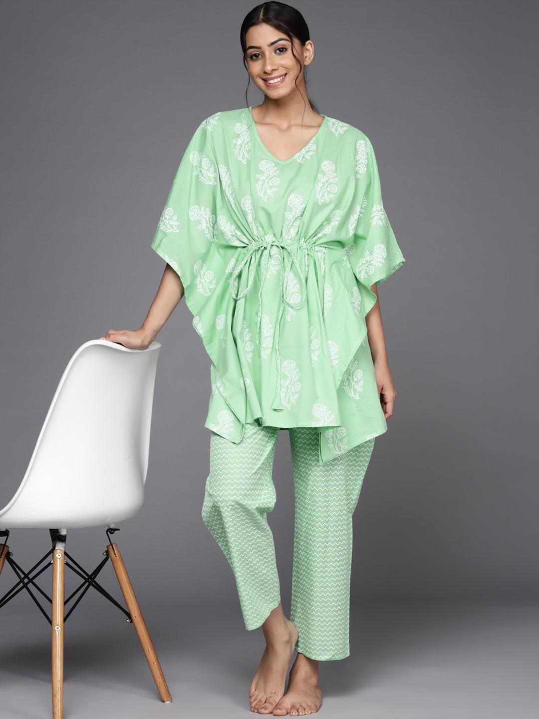 Green Printed Cotton Night Suit - ShopLibas