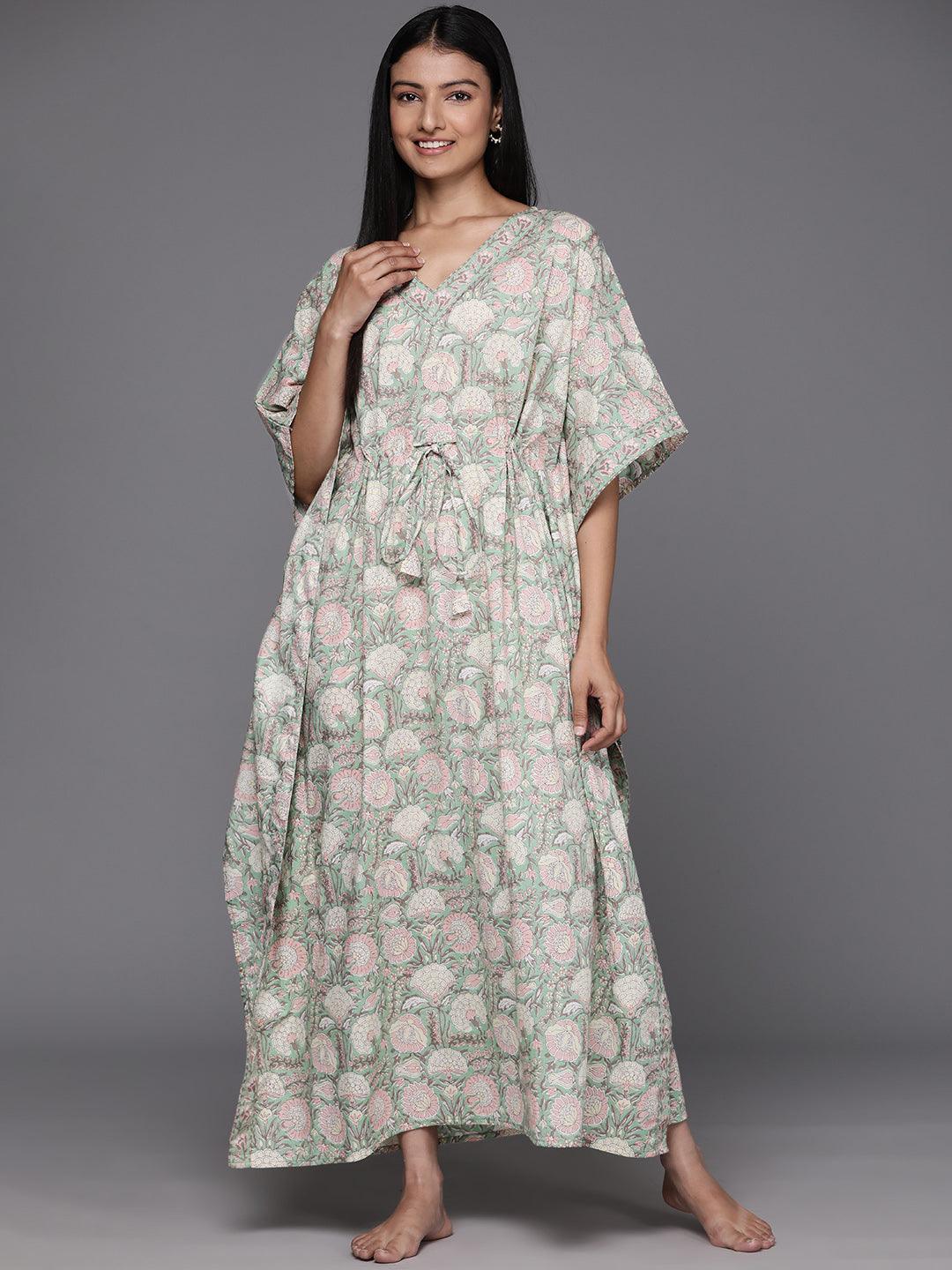 Green Printed Cotton Night Dress - Libas
