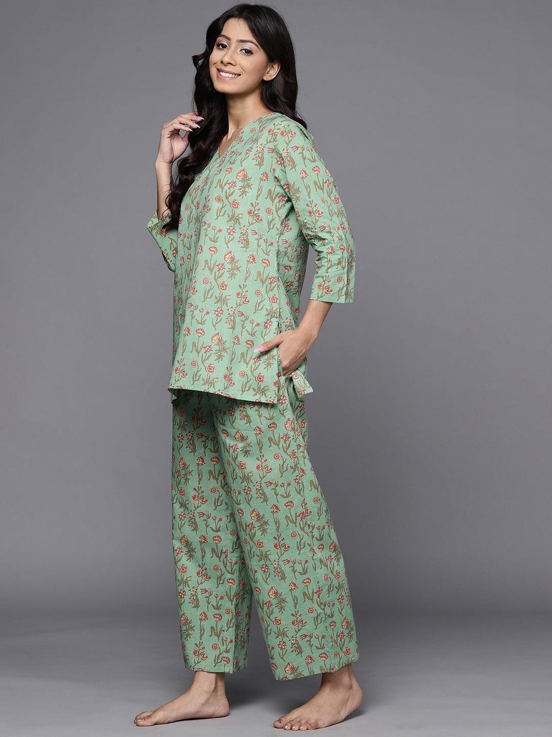 Green Printed Cotton Night Suit - ShopLibas