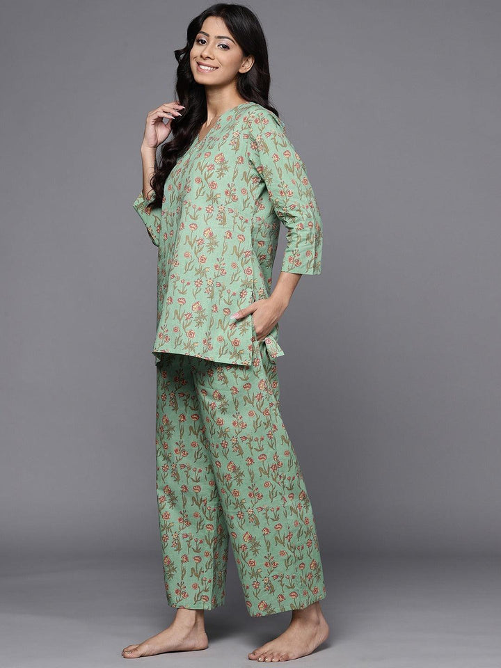 Green Printed Cotton Night Suit