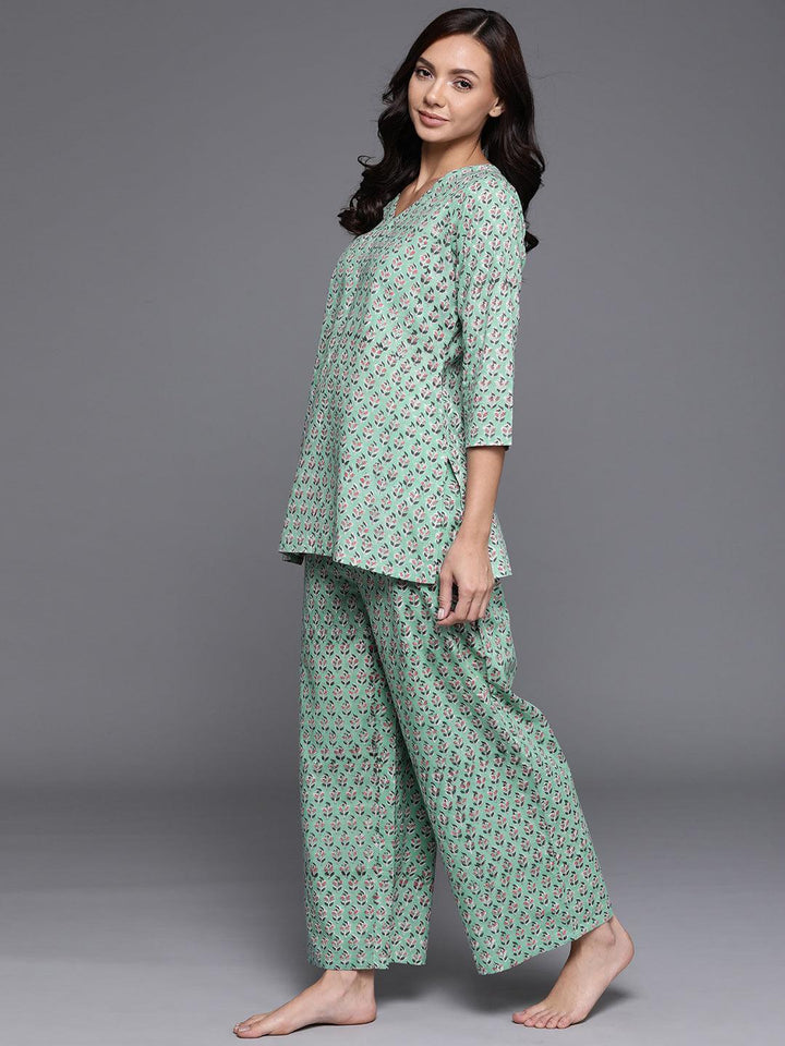 Green Printed Cotton Night Suit