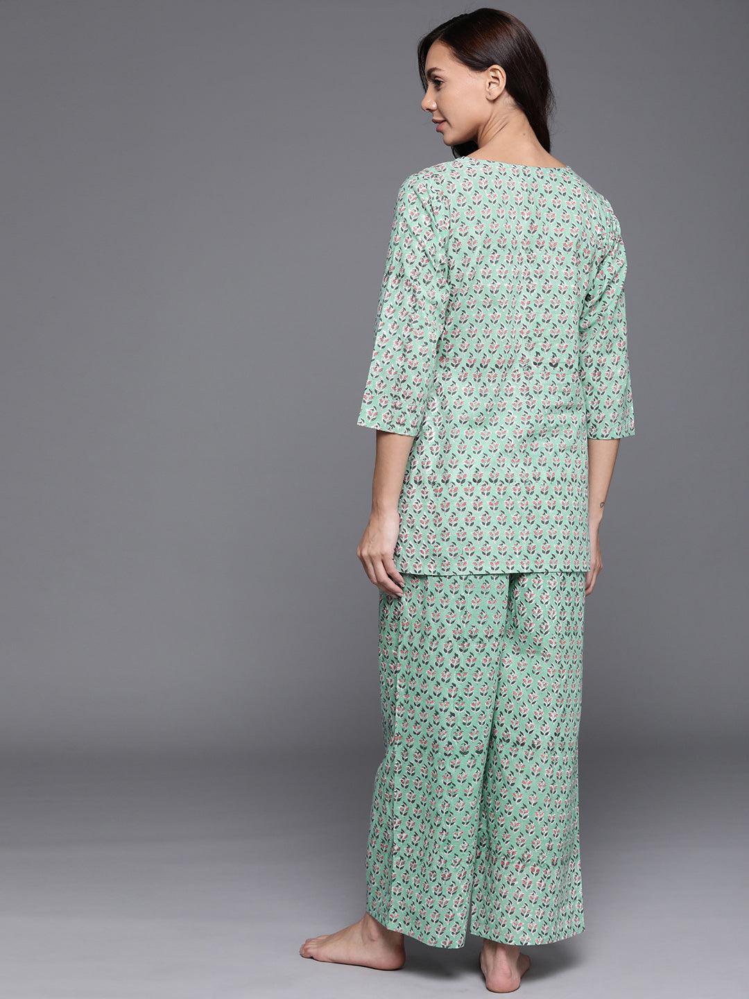 Green Printed Cotton Night Suit - ShopLibas