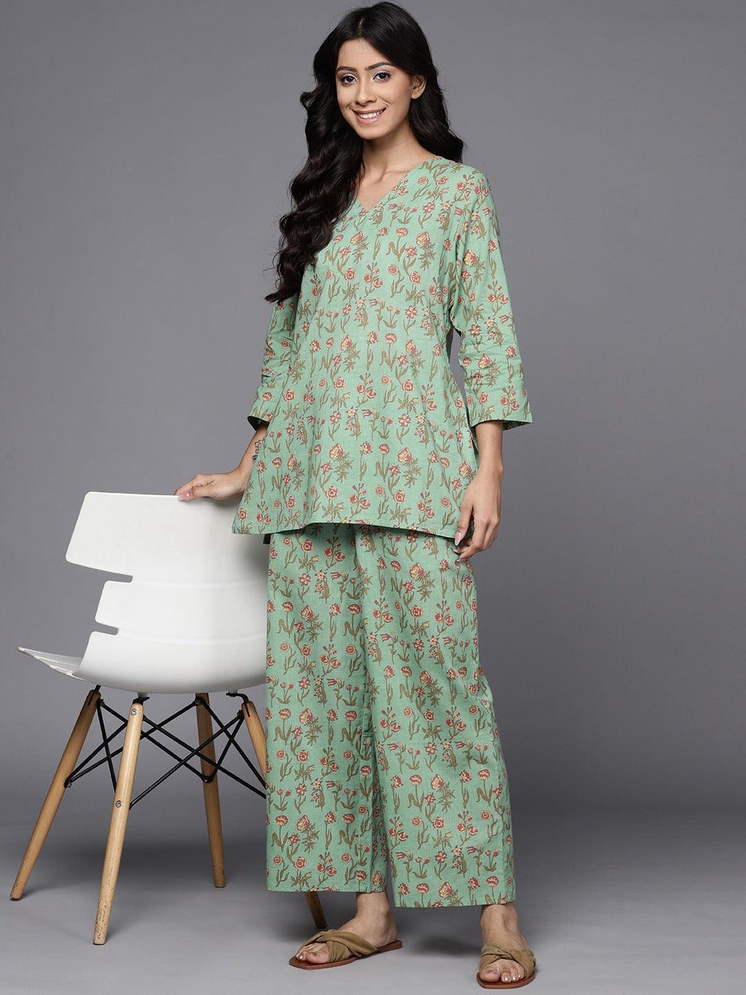 Green Printed Cotton Night Suit - ShopLibas