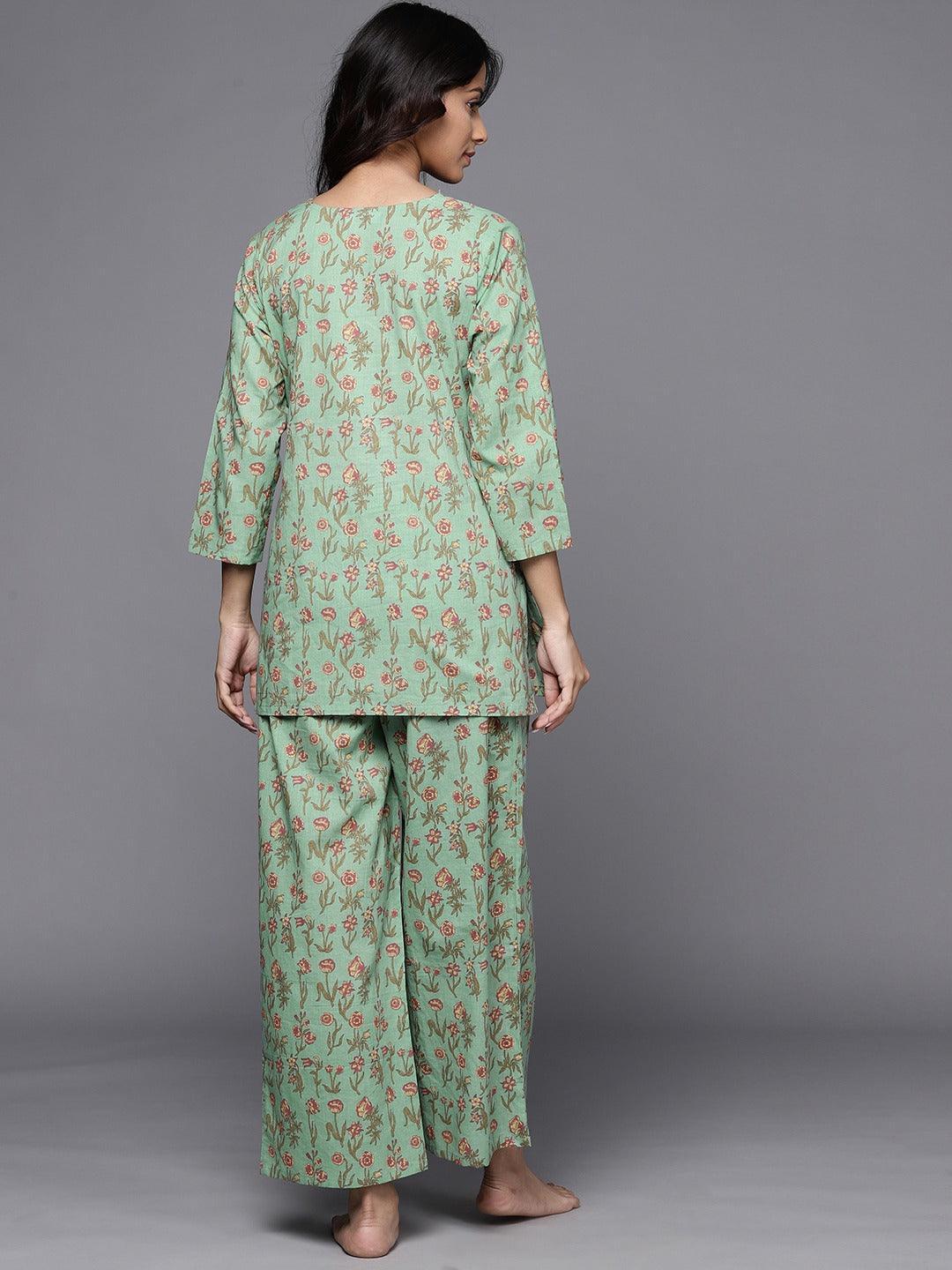 Green Printed Cotton Night Suit - ShopLibas