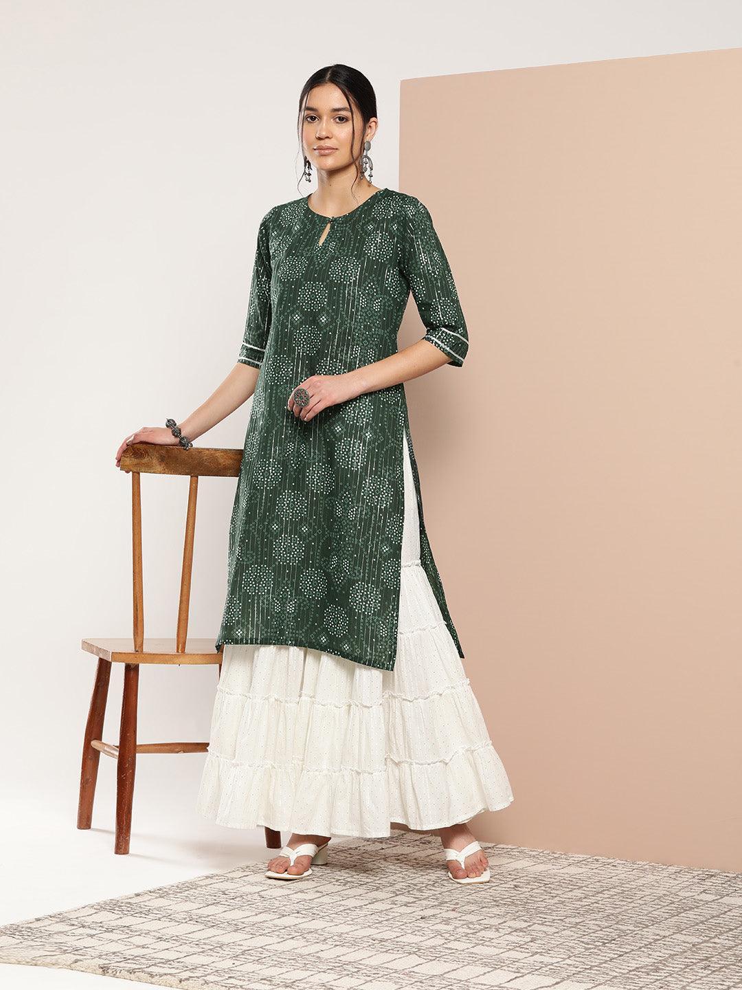 Green Printed Cotton Straight Kurta - ShopLibas