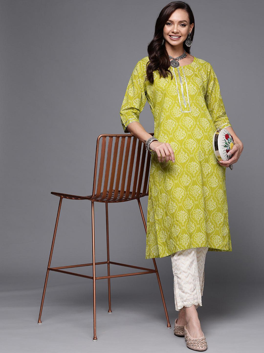 Green Printed Cotton Straight Kurta - ShopLibas