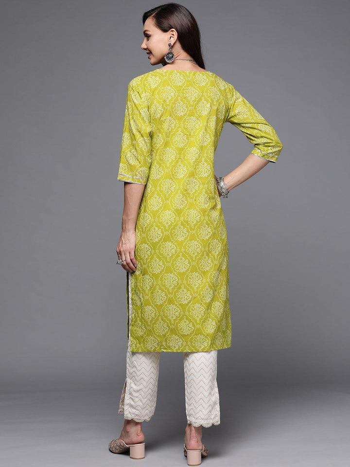 Green Printed Cotton Straight Kurta