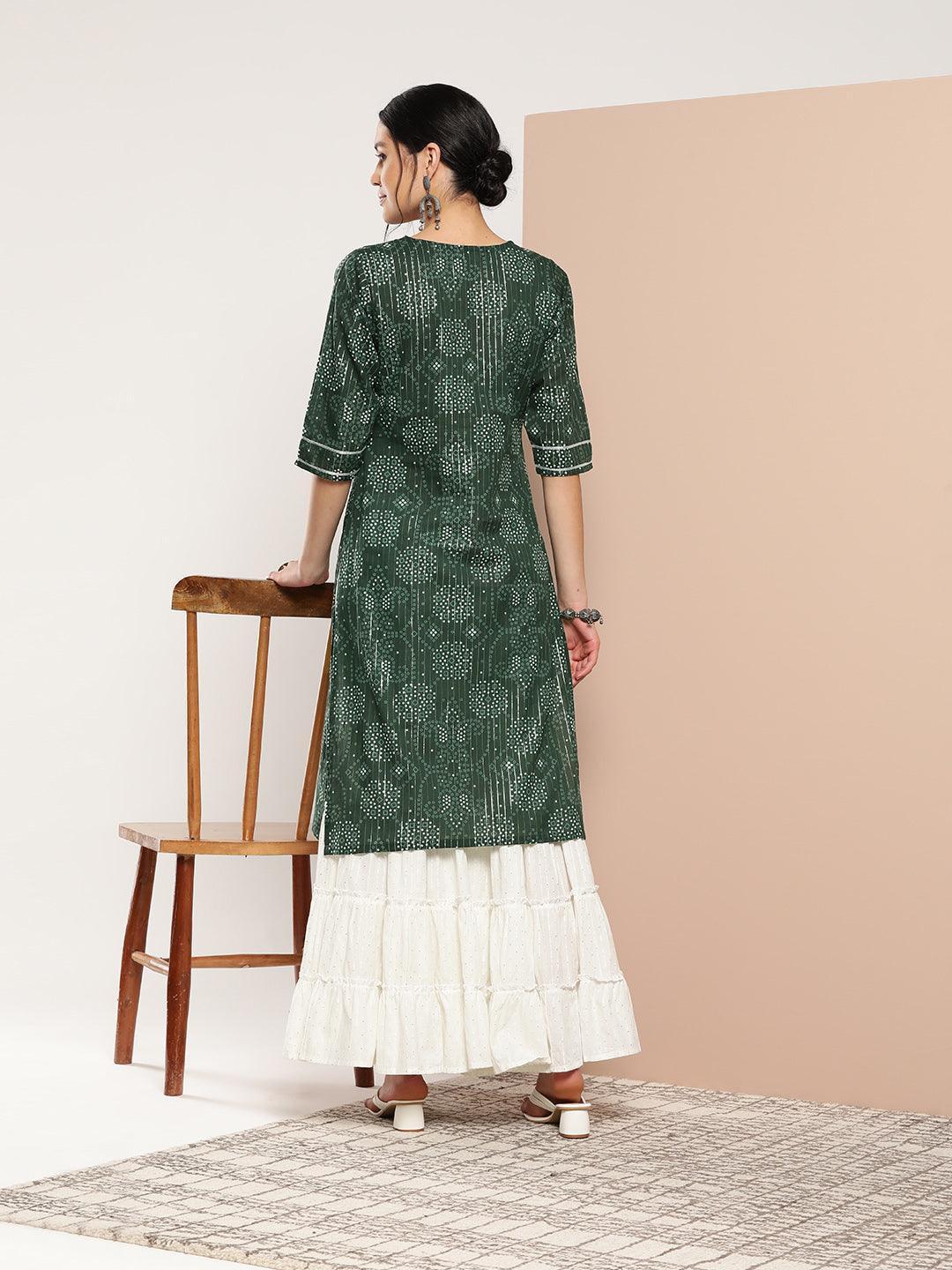 Green Printed Cotton Straight Kurta - ShopLibas