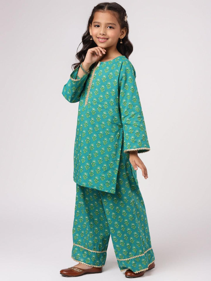Kids Green Printed Cotton Suit Set