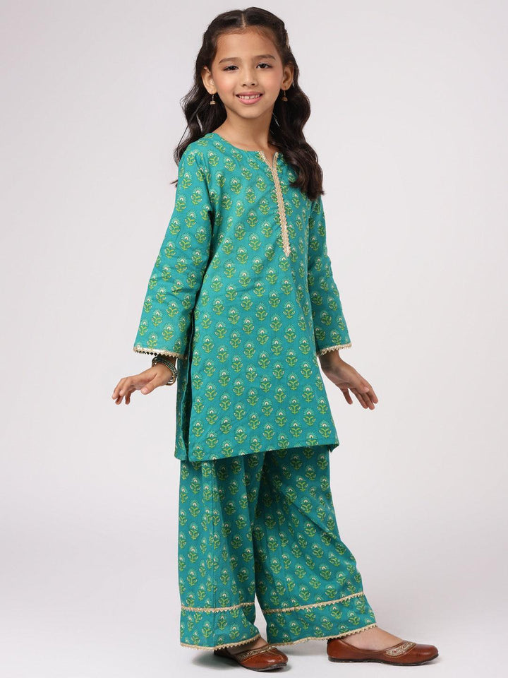 Kids Green Printed Cotton Suit Set