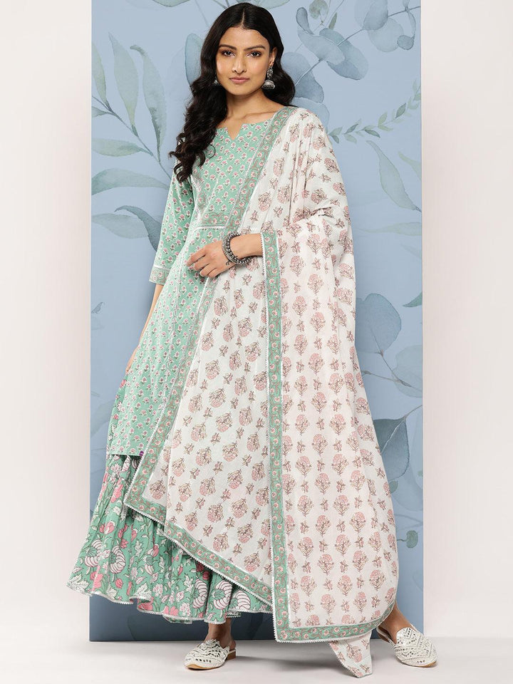 Green Printed Cotton Straight Kurta With Skirt & Dupatta