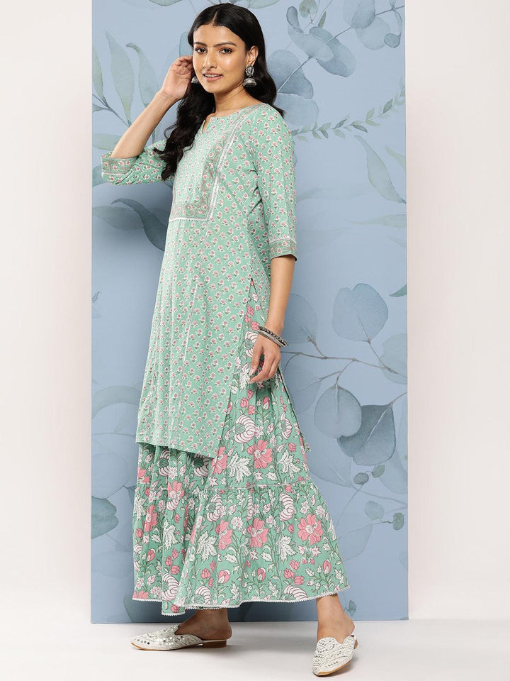 Green Printed Cotton Straight Kurta With Skirt & Dupatta