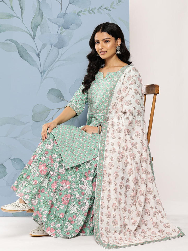 Green Printed Cotton Straight Kurta With Skirt & Dupatta