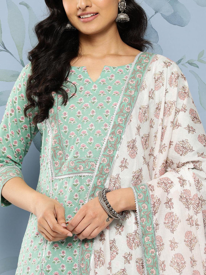 Green Printed Cotton Straight Kurta With Skirt & Dupatta