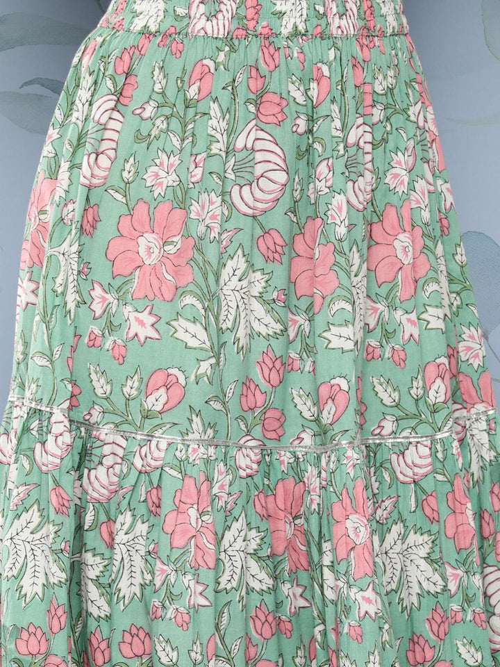 Green Printed Cotton Straight Kurta With Skirt & Dupatta