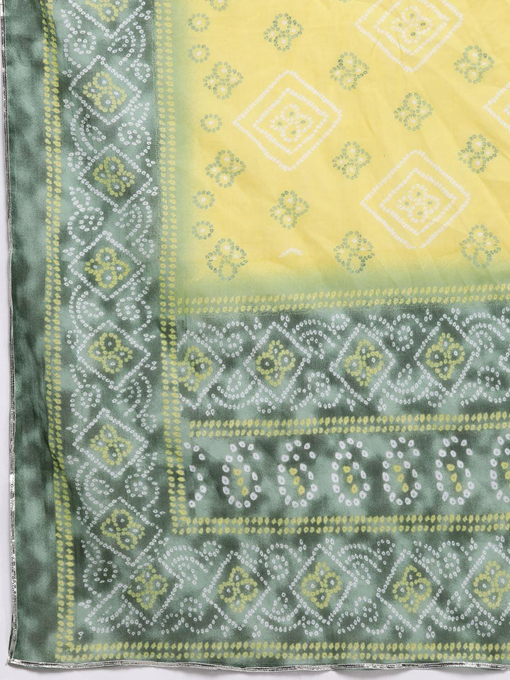 Green Printed Cotton Straight Kurta With Trousers & Dupatta