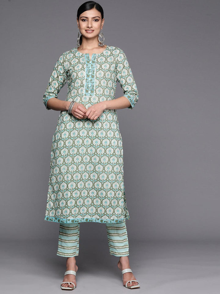 Green Printed Cotton Straight Kurta Set With Trousers