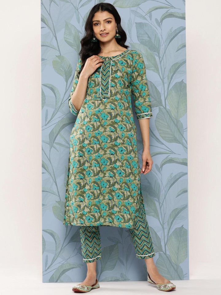 Green Printed Cotton Straight Kurta With Trousers