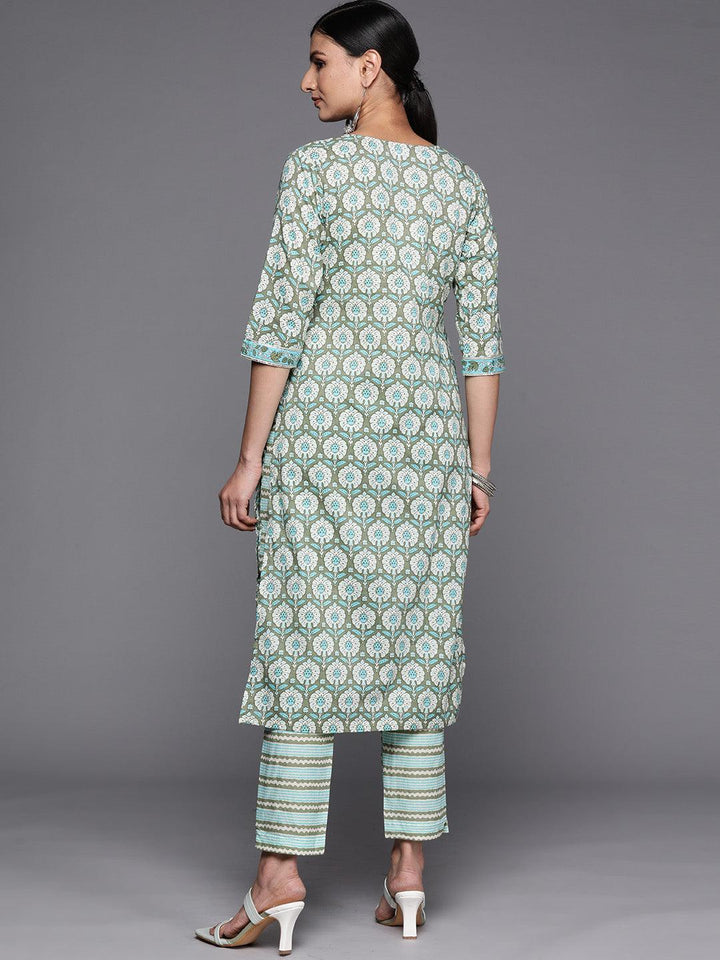 Green Printed Cotton Straight Kurta Set With Trousers