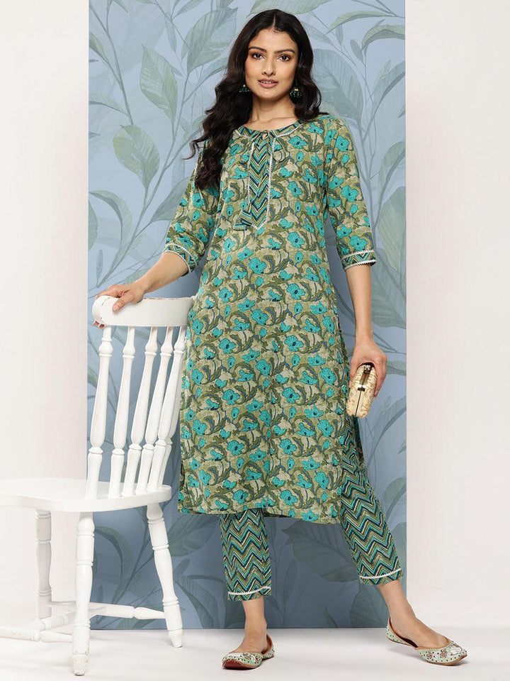 Green Printed Cotton Straight Kurta With Trousers